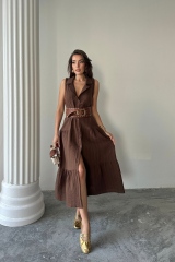 MÜSLİN ELBİSE GÖMLEK YAKA KOLSUZ ÖNDEN DÜĞMELİ - Kahverengi