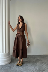 MÜSLİN ELBİSE GÖMLEK YAKA KOLSUZ ÖNDEN DÜĞMELİ - Kahverengi