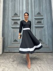 Kadın Truvakarkol Yakası Açık Blok Renkli Krep Midi Elbise