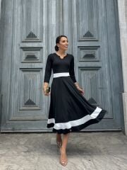 Kadın Truvakarkol Yakası Açık Blok Renkli Krep Midi Elbise