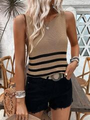 Kadın Sıfır Kol Yuvarlak Yaka şerit Detay Triko Bluz