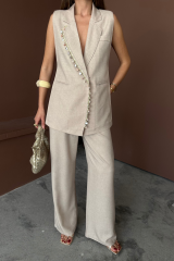 YAKA MİDYE KABUĞU SIRALI YELEK - PANTOLONTAKIM KETEN KUMAŞ - Ham