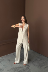 YAKA MİDYE KABUĞU SIRALI YELEK - PANTOLONTAKIM KETEN KUMAŞ - Ham