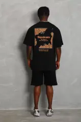 Unisex Oversize Baskılı Bisiklet Yaka T-Shirt - Siyah