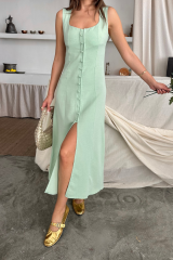 KETEN KOLSUZ KARE YAKA DÜĞME DETAYLI ELBİSE - Mint