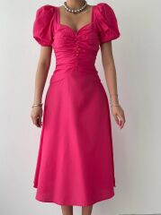 Kare Yaka Düğmeli Elbise