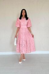 Pembe Kemerli Balon Kollu Elbise