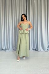 Yeşil Beli Büzgülü İnci Askılı Uzun Elbise