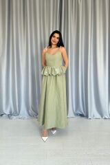 Yeşil Beli Büzgülü İnci Askılı Uzun Elbise