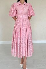 Pembe Kemerli Balon Kollu Elbise