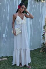 Göğsü Trikolu Keten Uzun Elbise 2904-08