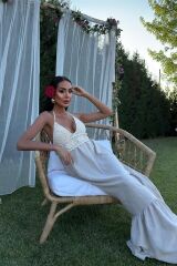 Göğsü Trikolu Keten Uzun Elbise 2904-08