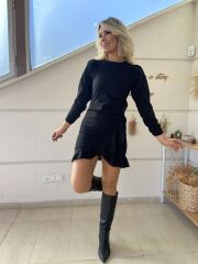 Kadın Uzun Kollu Bisiklet Yaka önden Volanlı Ithal Krep Elbise