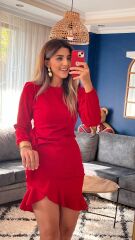 Kadın Uzun Kollu Bisiklet Yaka önden Volanlı Ithal Krep Elbise