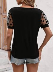 Kadın Kısa Kollu Göğüs Damla Ve Puantiyeli Tül Detaylı Viskon Bluz