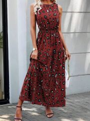 Kadın Kolsuz Bisiklet Yaka Beli Lastikli Desenli Süprem Elbise