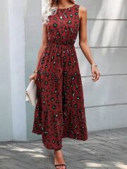 Kadın Kolsuz Bisiklet Yaka Beli Lastikli Desenli Süprem Elbise