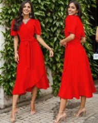 Kadın Kruvaze Yaka Midi Boy Kuşaklı Krep Elbise 120 Cm