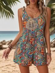 Kadın Omuzlardan Askılı Desenli Geniş Paçalı Süprem Tulum