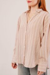 Kol Düğmeli Çizgili Bej Gömlek