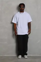 Unisex Oversize Düz Bisiklet Yaka T-Shirt - Beyaz