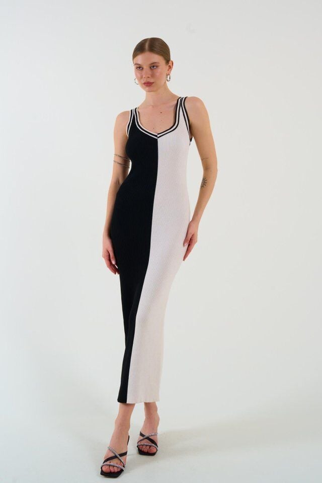 İki Renki Kolsuz Elbise - Siyah-Krem