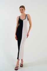 İki Renki Kolsuz Elbise - Siyah-Krem