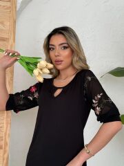 Kadın Truvakar Kol çiçek Desenli Tül Kol Bisiklet Yaka çiçek Desen Sandy Salaş Kısa Elbise