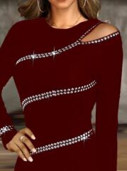 Kadın Uzun Kollu Omuz Pencere Detay Taş Işlemeli Dalgıç Mini Elbise