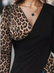 Kadın Uzun Kollu Kruvaze Yakalı Leopar Desen Detaylı Viskon Bluz