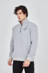 Erkek Yarım Fermuarlı Baskılı Sweat - Gri