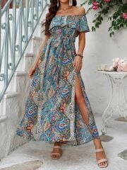 Kadın Kısa Kollu Madonna Yaka Fırfırlı Belden Yırtmaçlı Maksi Süprem Elbise