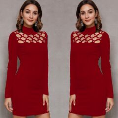 Kadın Uzun Kollu Bisiklet Yaka Lazer Kesim Inci Detay Viskon Iki Iplik Mini Boy Elbise