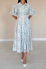 Mint Kemerli Balon Kollu Elbise