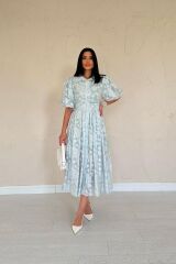 Mint Kemerli Balon Kollu Elbise