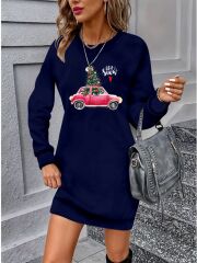 Kadın Uzun Kollu Bisiklet Yaka Desenli Viskon Iki Iplik Elbise