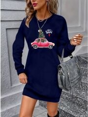 Kadın Uzun Kollu Bisiklet Yaka Desenli Viskon Iki Iplik Elbise