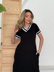 Kadın Kısa Kollu V Yaka Kol Ve Yaka Ribana Detay Midi Boy Viskon Elbise