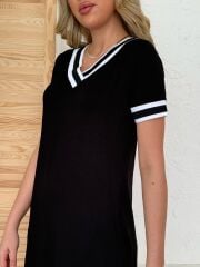 Kadın Kısa Kollu V Yaka Kol Ve Yaka Ribana Detay Midi Boy Viskon Elbise