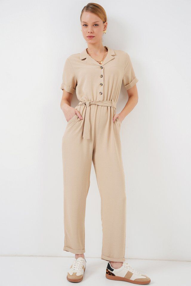 Kısa Kol Ayrobin Tulum 7030 - Krem