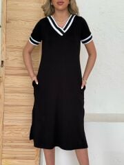 Kadın Kısa Kollu V Yaka Kol Ve Yaka Ribana Detay Midi Boy Viskon Elbise