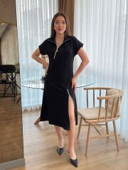 Kadın Kısa Kollu Yakadan Ve Etekten Fermuarlı Midi Viskon Iki Iplik Elbise