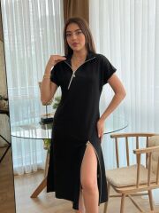 Kadın Kısa Kollu Yakadan Ve Etekten Fermuarlı Midi Viskon Iki Iplik Elbise