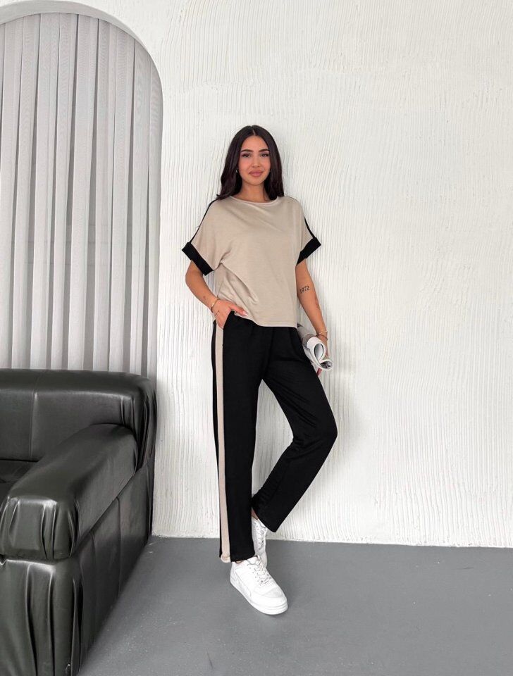 Kadın Modal Dokulu Kumaş Yanı şeritli Takım