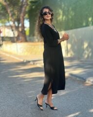 Kadın Uzun Kollu V şerit Yakalı Viskon Iki Iplik Elbise