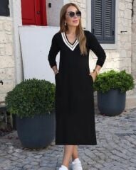 Kadın Uzun Kollu V şerit Yakalı Viskon Iki Iplik Elbise