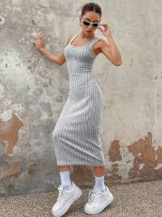 Kadın Kalın Askılı Kare Yaka Fitilli Kaşkorse Midi Boy Elbise