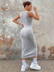 Kadın Kalın Askılı Kare Yaka Fitilli Kaşkorse Midi Boy Elbise