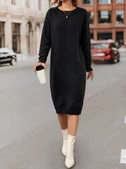 Kadın Uzun Kollu Bisiklet Yaka Yandan Yırtmaçlı Midi Triko Elbise(kemersiz)
