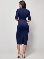 Kadın Kısa Kollu Yakalı Kruvaze Yakalı Beli Kemerli Midi Modal Elbise